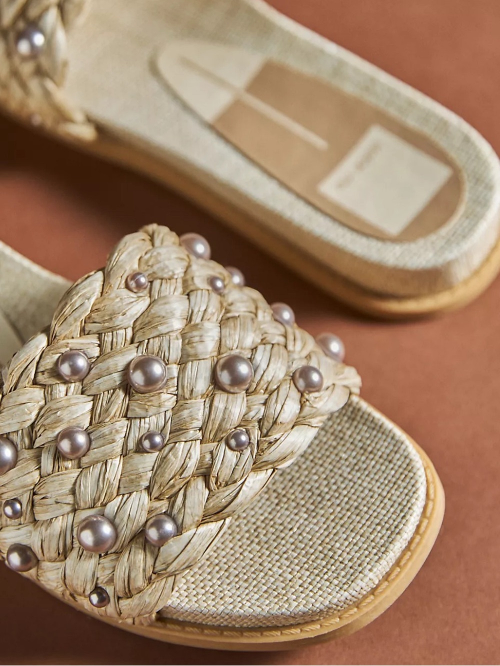 Anthropologie Braided Raffia Pearl-Embellished Slide Sandals - Natural